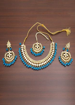 Pearl Beaded and Stone Studded Blue Necklace Set