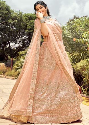 Peach Resham Work Lehenga Choli In Organza