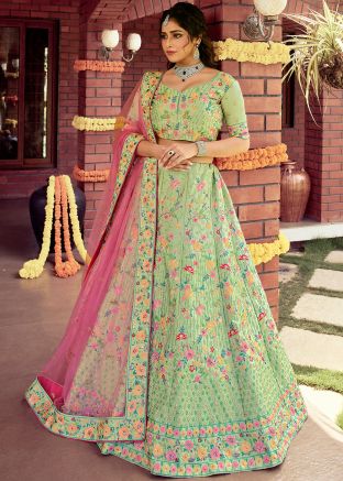 Green Floral Embroidered Art Silk Lehenga Choli