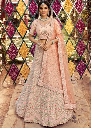 Peach Embroidered Crape Lehenga Choli With Dupatta