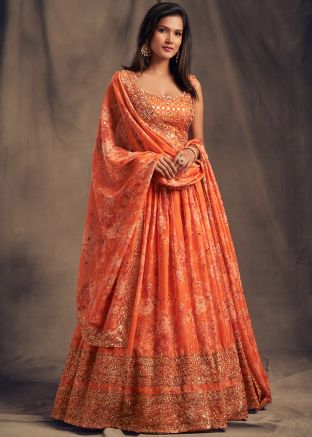 Floral Printed Orange Lehenga Choli In Organza