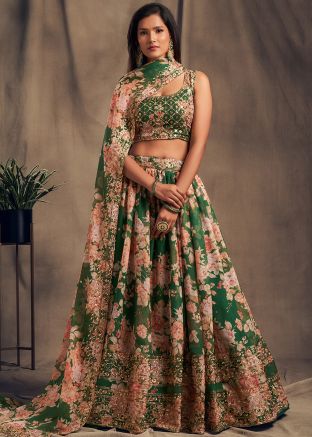 Green Embroidered Organza Printed Lehenga Choli
