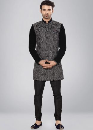 Black Readymade Brocade Indo Western Sherwani