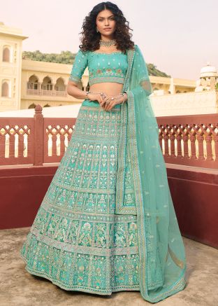 Turquoise Bridesmaid Lehenga Choli In Organza
