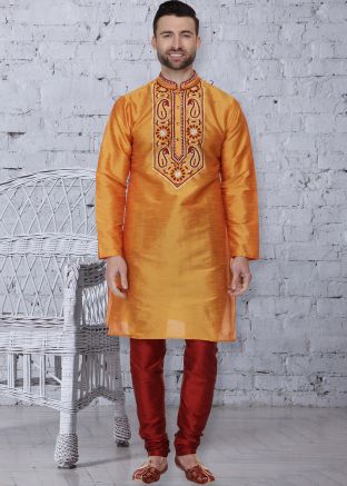 Readymade Orange Dupion Silk Kurta Pajama