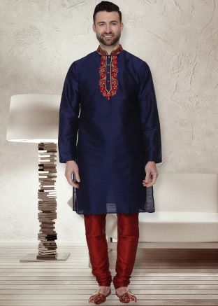 Readymade Navy Blue Dupion Silk Kurta Pajama