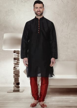 Readymade Black Dupion Silk Kurta Pajama