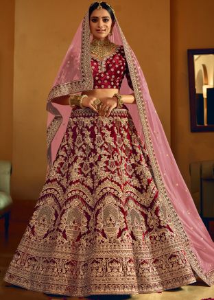 Zari Embroidered Bridal Lehenga Choli In Maroon 