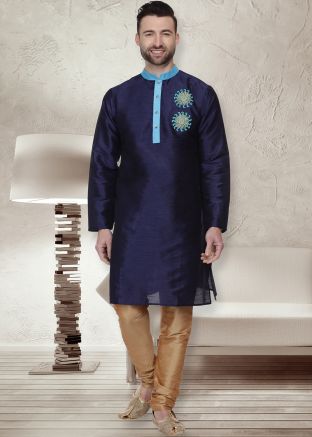 Readymade Navy Blue Dupion Silk Kurta Pajama