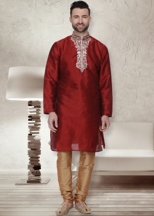 Readymade Maroon Dupion Silk Kurta Pajama