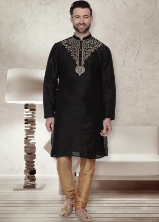 Readymade Black Dupion Silk Kurta Pajama