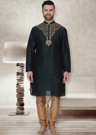 Readymade Dark Green Dupion Silk Kurta Pajama