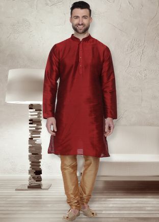 Maroon Readymade Dupion Silk Kurta Pajama
