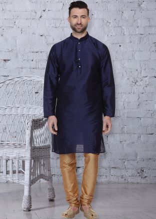 Navy Blue Dupion Silk Readymade Kurta Pajama