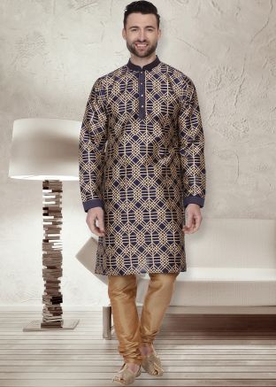 Readymade Navy Blue Printed Kurta Pajama