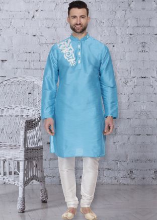 Sky Blue Readymade Dupion Silk Kurta Pajama