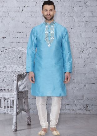 Sky Blue Dupion Silk Readymade Kurta Pajama