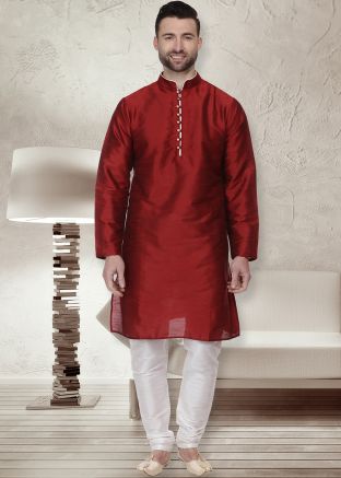 Maroon Dupion Silk Readymade Kurta Pajama