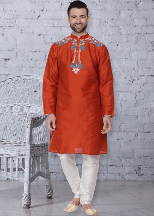 Readymade Orange Dupion Silk Kurta Pajama