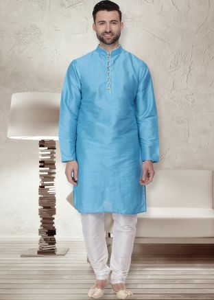 Readymade Sky Blue Plain Kurta Pajama