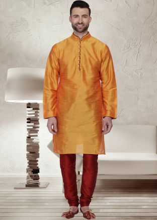 Orange Readymade Dupion Silk Kurta Pajama