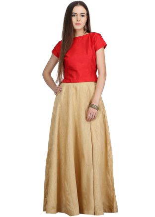 Readymade Beige Dupion Silk Long Skirt Top Set