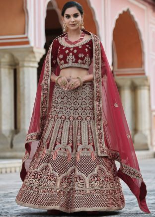Maroon Velvet Hand Work Lehenga Choli With Dupatta
