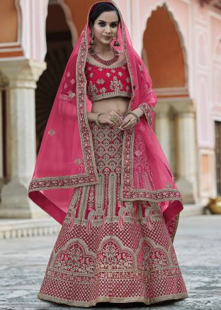 Pink Velvet Hand Work Lehenga Choli With Dupatta
