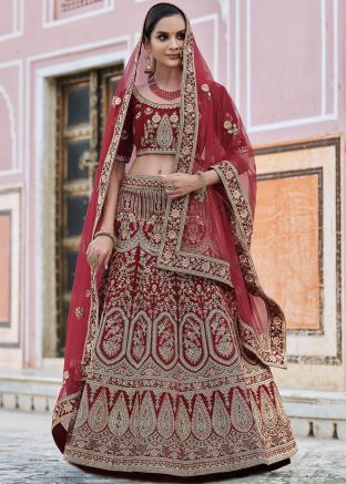 Maroon Velvet Embroidered Bridal Lehenga Choli
