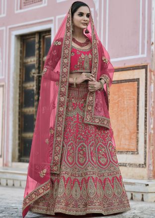 Pink Velvet Embroidered Bridal Lehenga Choli