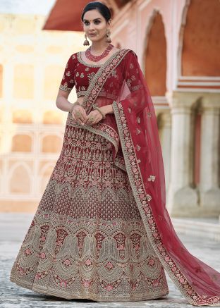 Maroon Velvet Hand Embroidered Lehenga Choli
