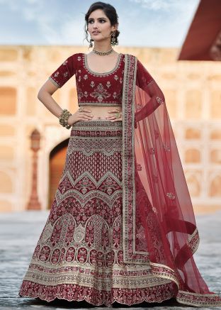 Maroon Bridal Fish Cut Embroidered Lehenga Choli