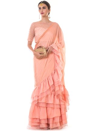 Peach Frilled Lehenga Style Designer Saree