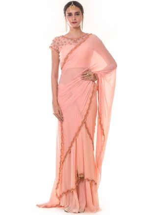 Peach Draped Style Designer Saree With Blouse