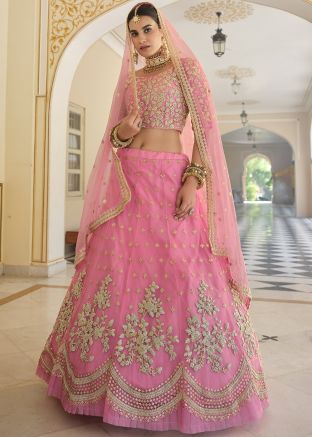 Pink Lehenga Choli With Floral Heavy Border
