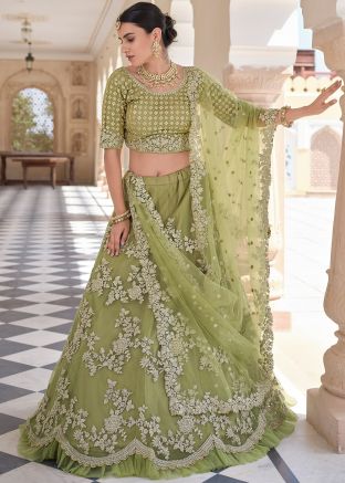 Sequins & Dori Embroidered Green Lehenga Choli In Net