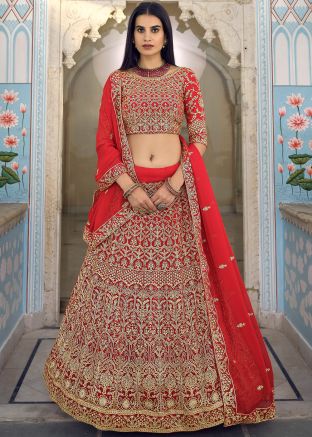 Zari Embroidered Red Georgette Lehenga For Bridal