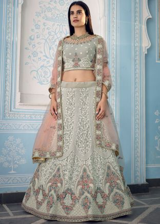 Embroidered Grey Lehenga Choli With Net Dupatta