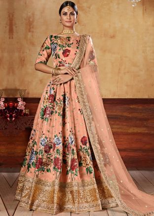 Peach Art Silk Lehenga Choli With Dupatta