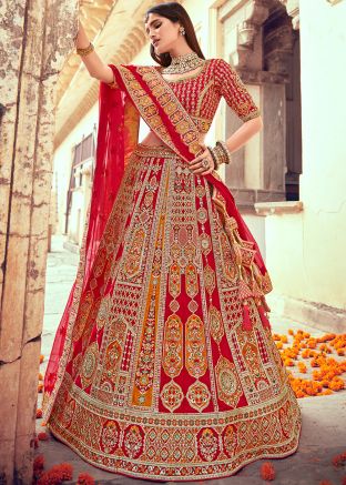 Embroidered Red Bridal lehenga Choli In Art Silk