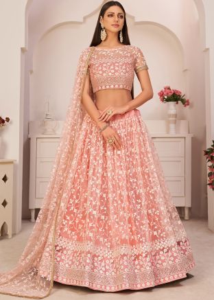Pink Flared Lehenga Choli With Thread Embroidery