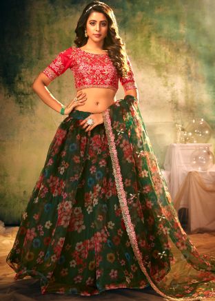 Digital Floral Printed Lehenga Choli In Green