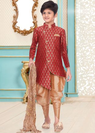 Maroon Asymmetric Woven Kids Sherwani With Dhoti