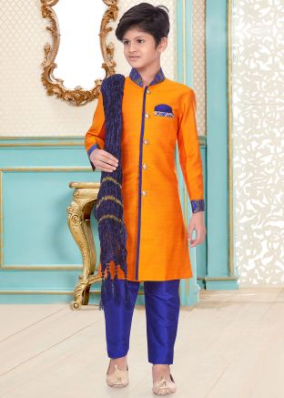 Yellow Readymade Cotton Silk Kids Kurta With Pajama