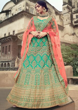 Green Heavy Border Satin Lehenga Choli