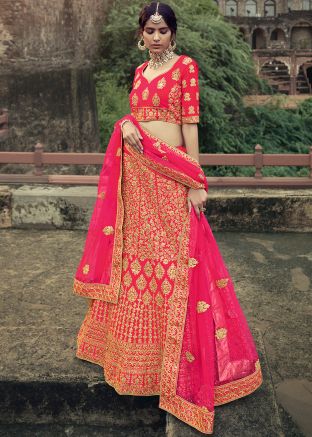 Pink Zari Embroidered Lehenga Choli In Satin