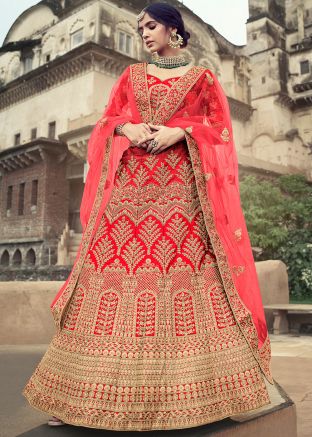 Red Zari Embroidered Satin Lehenga Choli With Dupatta