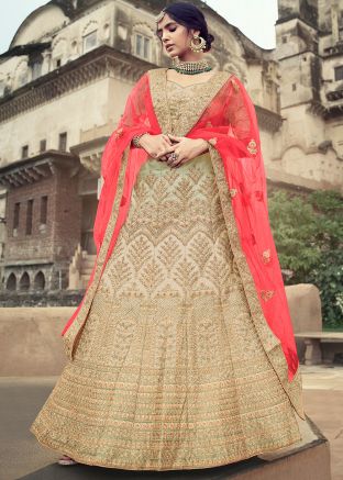 Beige Zari Embroidered Satin Lehenga Choli With Dupatta