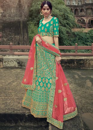 Green Embroidered Border Lehenga Choli With Dupatta