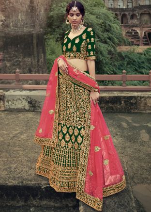 Green Satin Lehenga Choli With Zari Embroidery